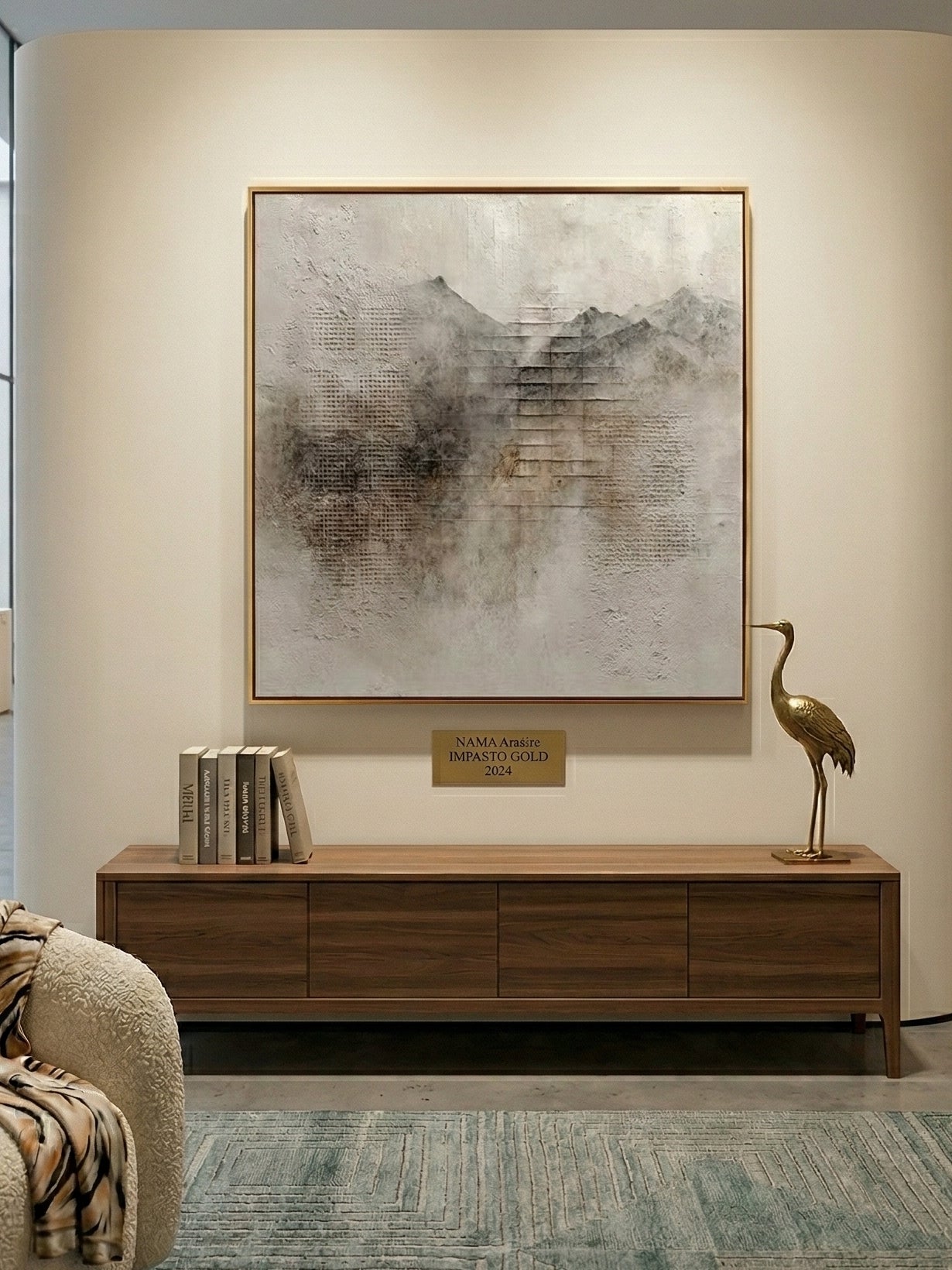 Heavy textured 3D abstract painting of misty mountains with grid patterns in neutral earthy tones by Eliot Vermeer.