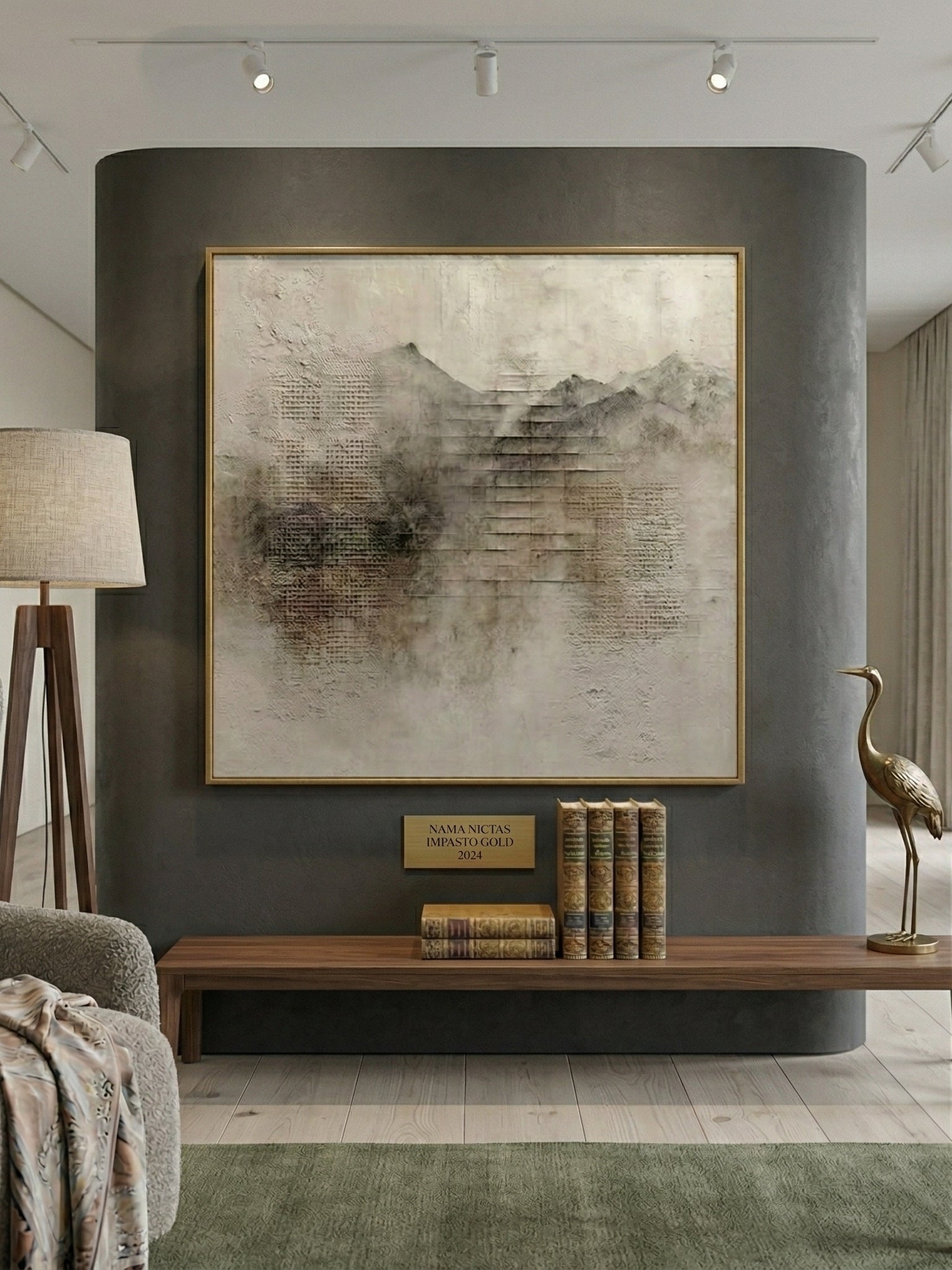 Heavy textured 3D abstract painting of misty mountains with grid patterns in neutral earthy tones by Eliot Vermeer.
