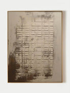 Large hand-painted modern abstract canvas painting with 3D plaster geometric grid texture in cement grey and rust brown by Eliot Vermeer for modern living room.