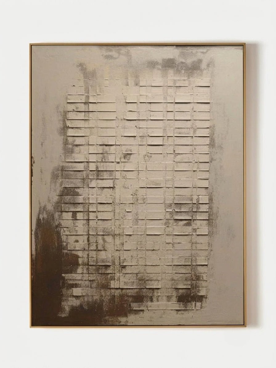 Large hand-painted modern abstract canvas painting with 3D plaster geometric grid texture in cement grey and rust brown by Eliot Vermeer for modern living room.