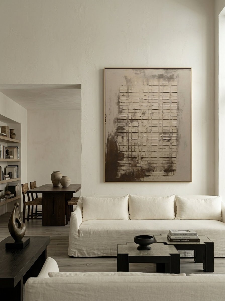 Large hand-painted modern abstract canvas painting with 3D plaster geometric grid texture in cement grey and rust brown by Eliot Vermeer for modern living room.
