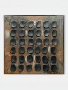 industrial relief painting– textured grid abstraction in oxidized brown and charcoal tones, modern industrial wall art