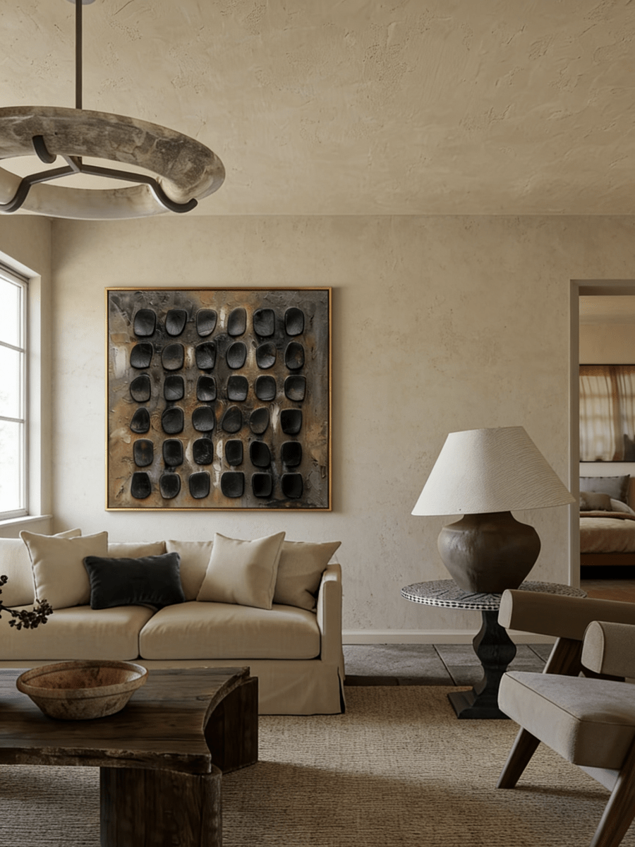 industrial relief painting– textured grid abstraction in oxidized brown and charcoal tones, modern industrial wall art