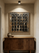 industrial relief painting– textured grid abstraction in oxidized brown and charcoal tones, modern industrial wall art