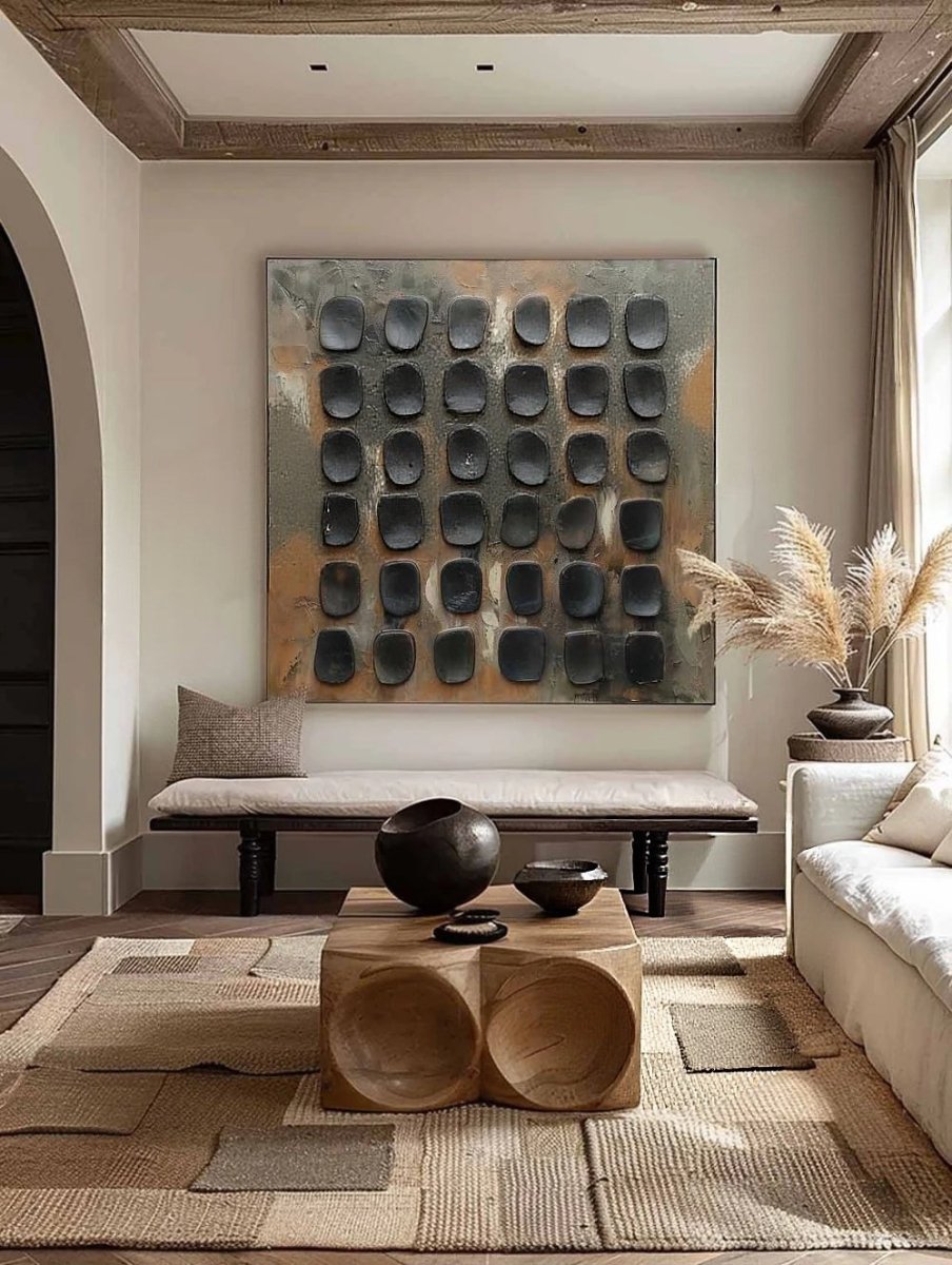 industrial relief painting– textured grid abstraction in oxidized brown and charcoal tones, modern industrial wall art