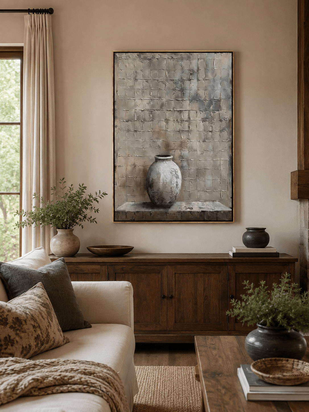 Neutral pottery vase painting above a cream sofa in a wabi-sabi living room