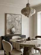 Hand-painted 3D textured relief oil painting featuring an antique white vessel against a gray grid stone wall on large canvas.