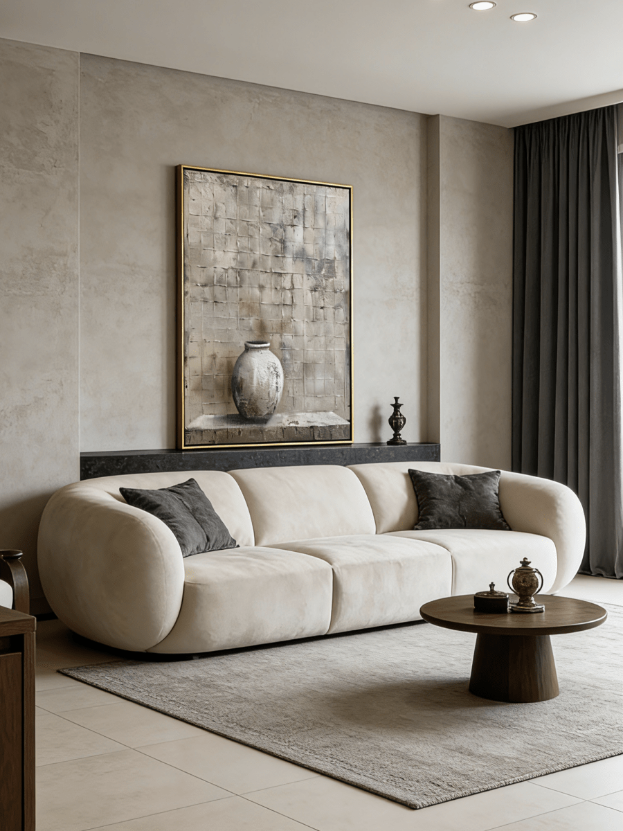 Hand-painted 3D textured relief oil painting featuring an antique white vessel against a gray grid stone wall on large canvas.