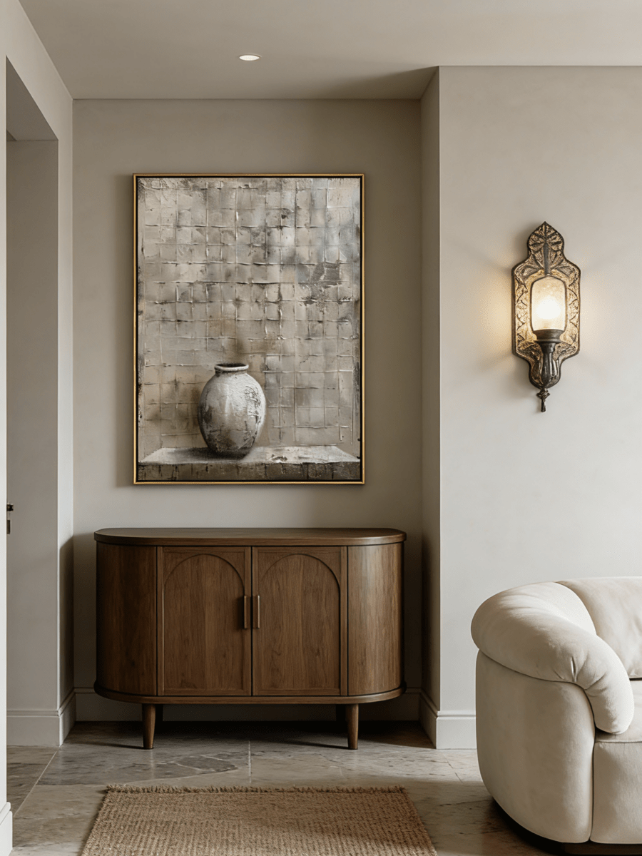 Hand-painted 3D textured relief oil painting featuring an antique white vessel against a gray grid stone wall on large canvas.