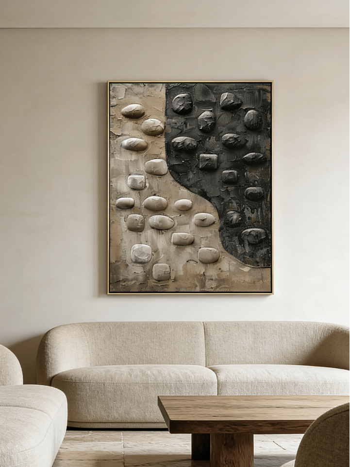 Hand-painted 3D relief oil painting by  featuring raised black and beige stone textures on a large vertical canvas for modern home decor.