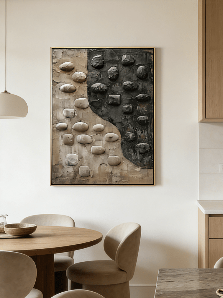 Hand-painted 3D relief oil painting by  featuring raised black and beige stone textures on a large vertical canvas for modern home decor.