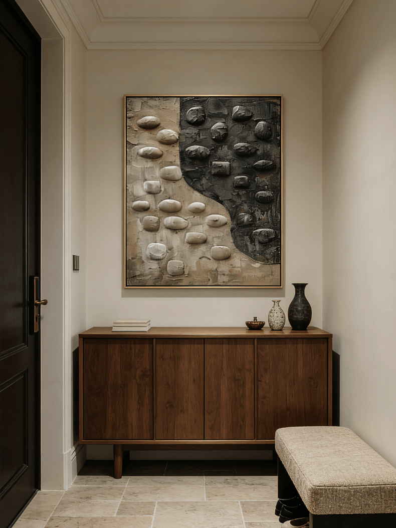 Hand-painted 3D relief oil painting by  featuring raised black and beige stone textures on a large vertical canvas for modern home decor.