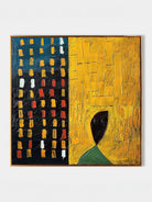 Large 3D textured abstract painting by Eliot Vermeer featuring mustard yellow and navy blue thick paint on canvas in a modern living room.