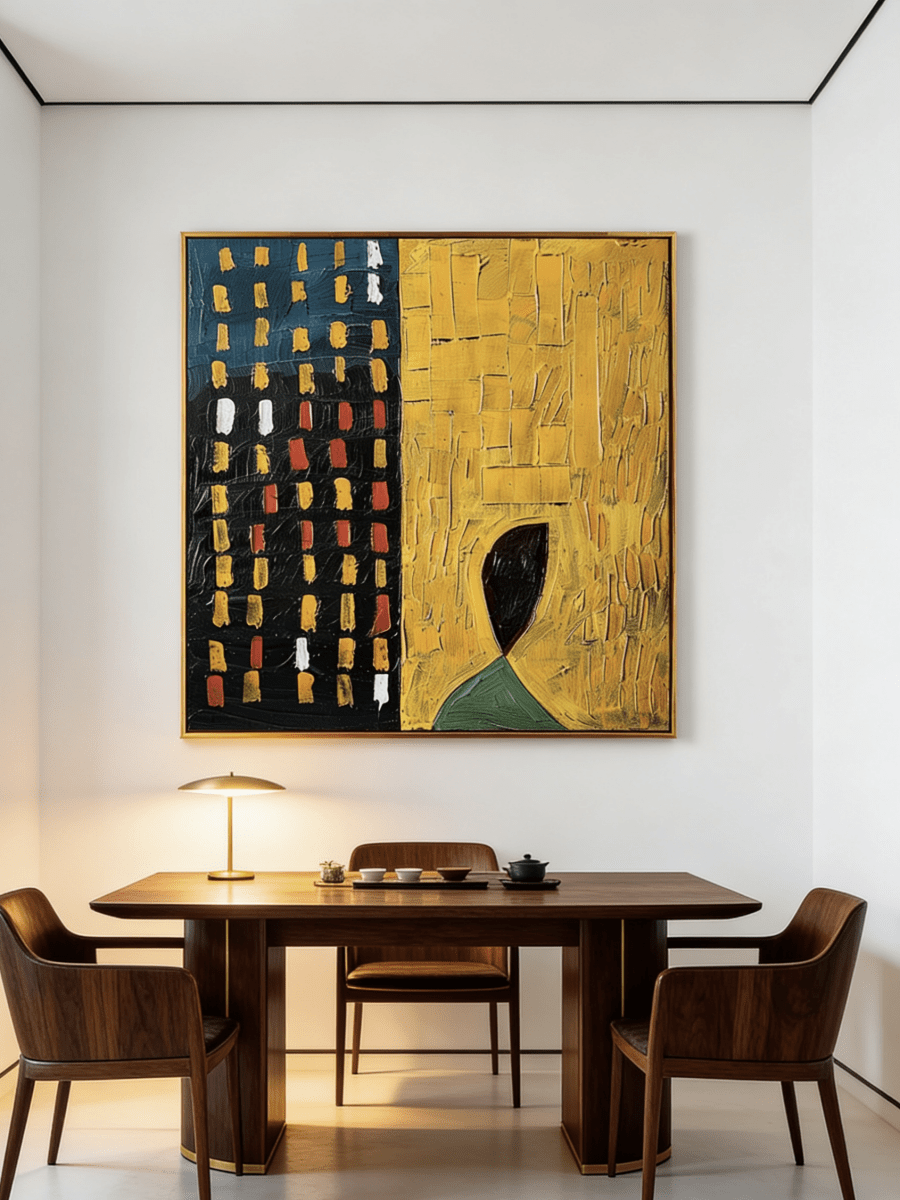 Large 3D textured abstract painting by Eliot Vermeer featuring mustard yellow and navy blue thick paint on canvas in a modern living room.