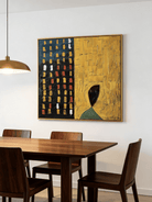 Large 3D textured abstract painting by Eliot Vermeer featuring mustard yellow and navy blue thick paint on canvas in a modern living room.