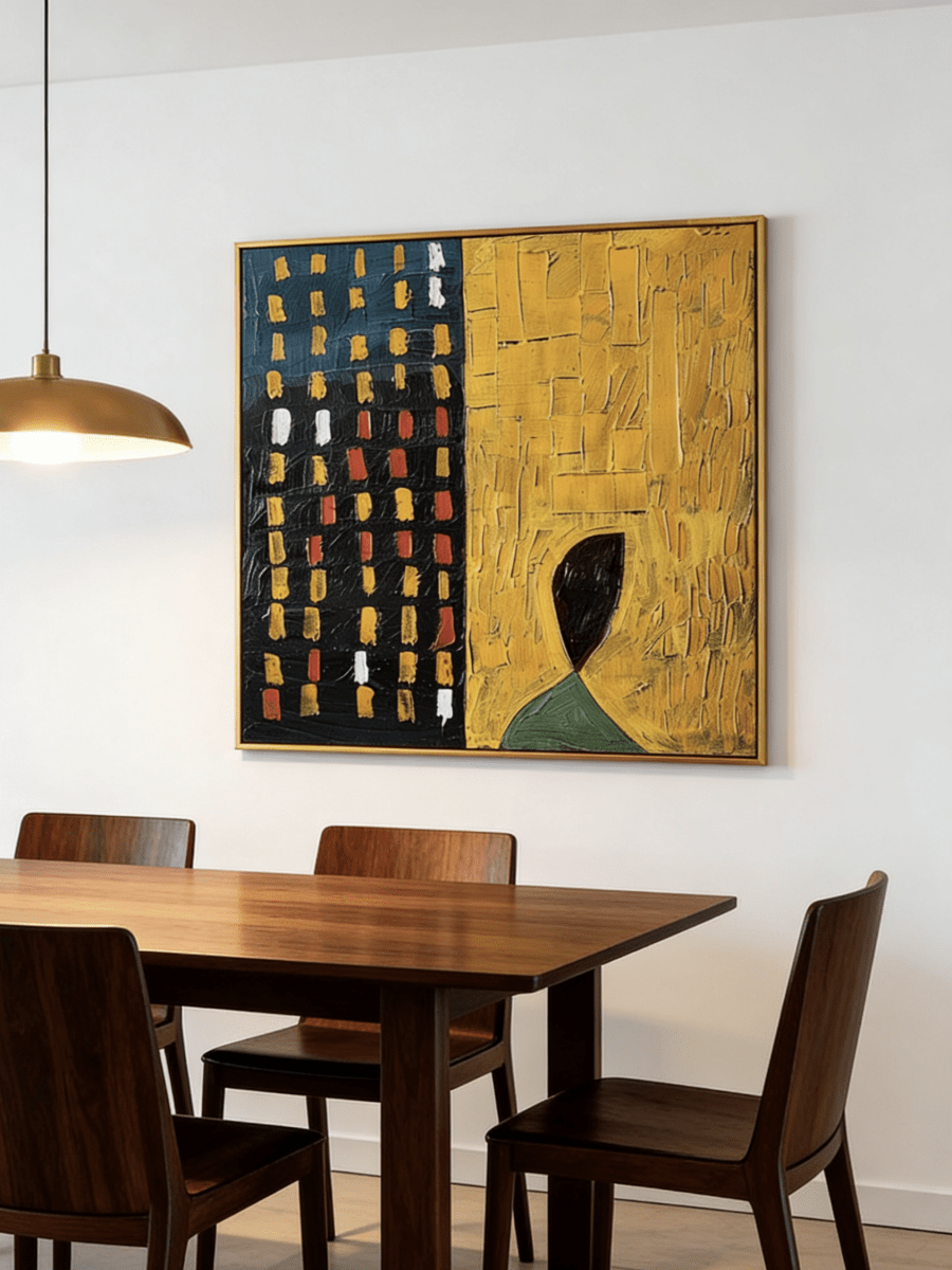 Large 3D textured abstract painting by Eliot Vermeer featuring mustard yellow and navy blue thick paint on canvas in a modern living room.