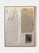 Close-up of heavy textured abstract oil painting in beige and cream by Leo Liang, minimalist wabi-sabi wall art for modern living room decor.