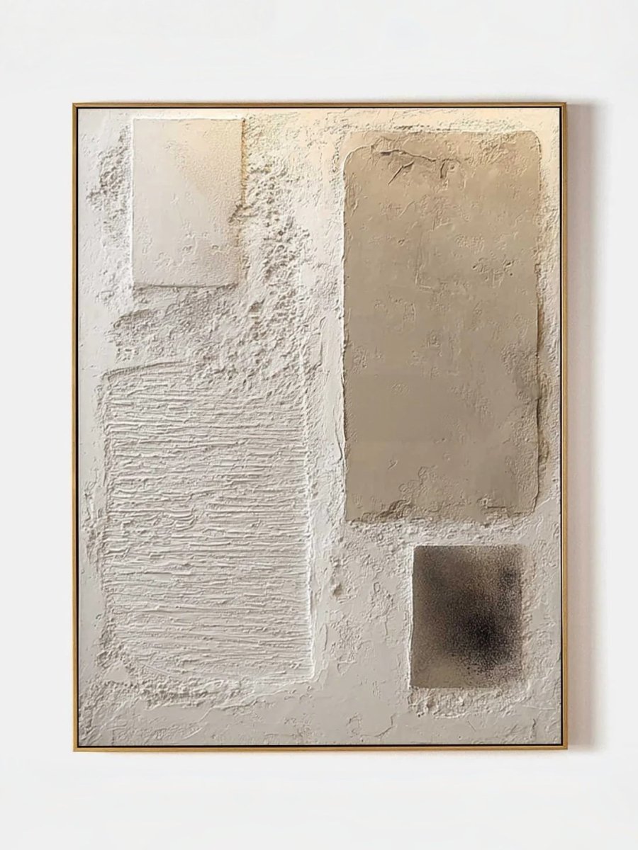 Close-up of heavy textured abstract oil painting in beige and cream by Leo Liang, minimalist wabi-sabi wall art for modern living room decor.