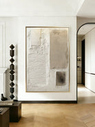 Close-up of heavy textured abstract oil painting in beige and cream by Leo Liang, minimalist wabi-sabi wall art for modern living room decor.