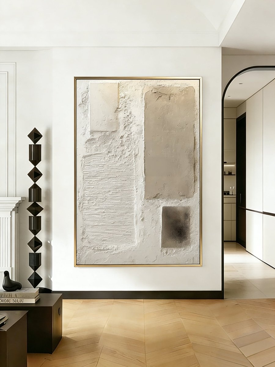 Close-up of heavy textured abstract oil painting in beige and cream by Leo Liang, minimalist wabi-sabi wall art for modern living room decor.