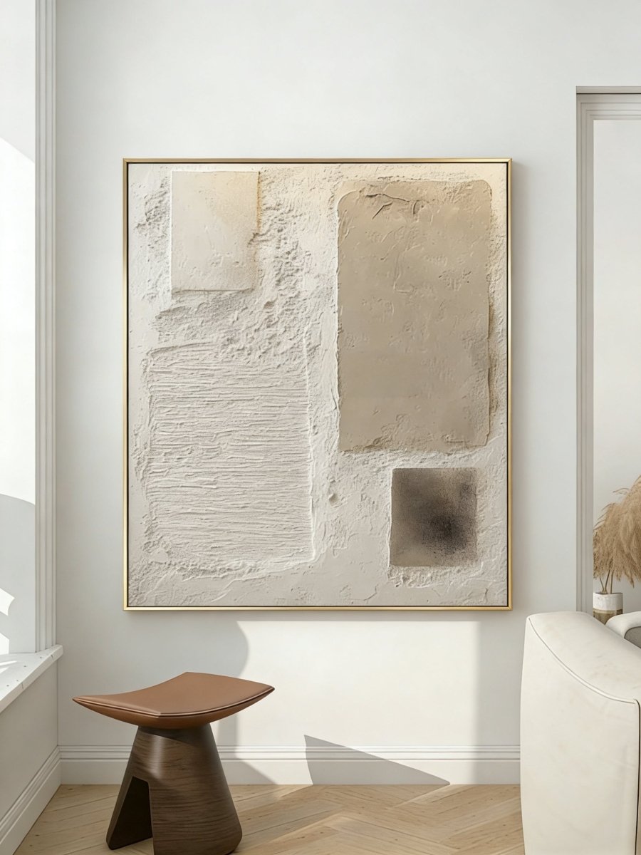 Close-up of heavy textured abstract oil painting in beige and cream by Leo Liang, minimalist wabi-sabi wall art for modern living room decor.