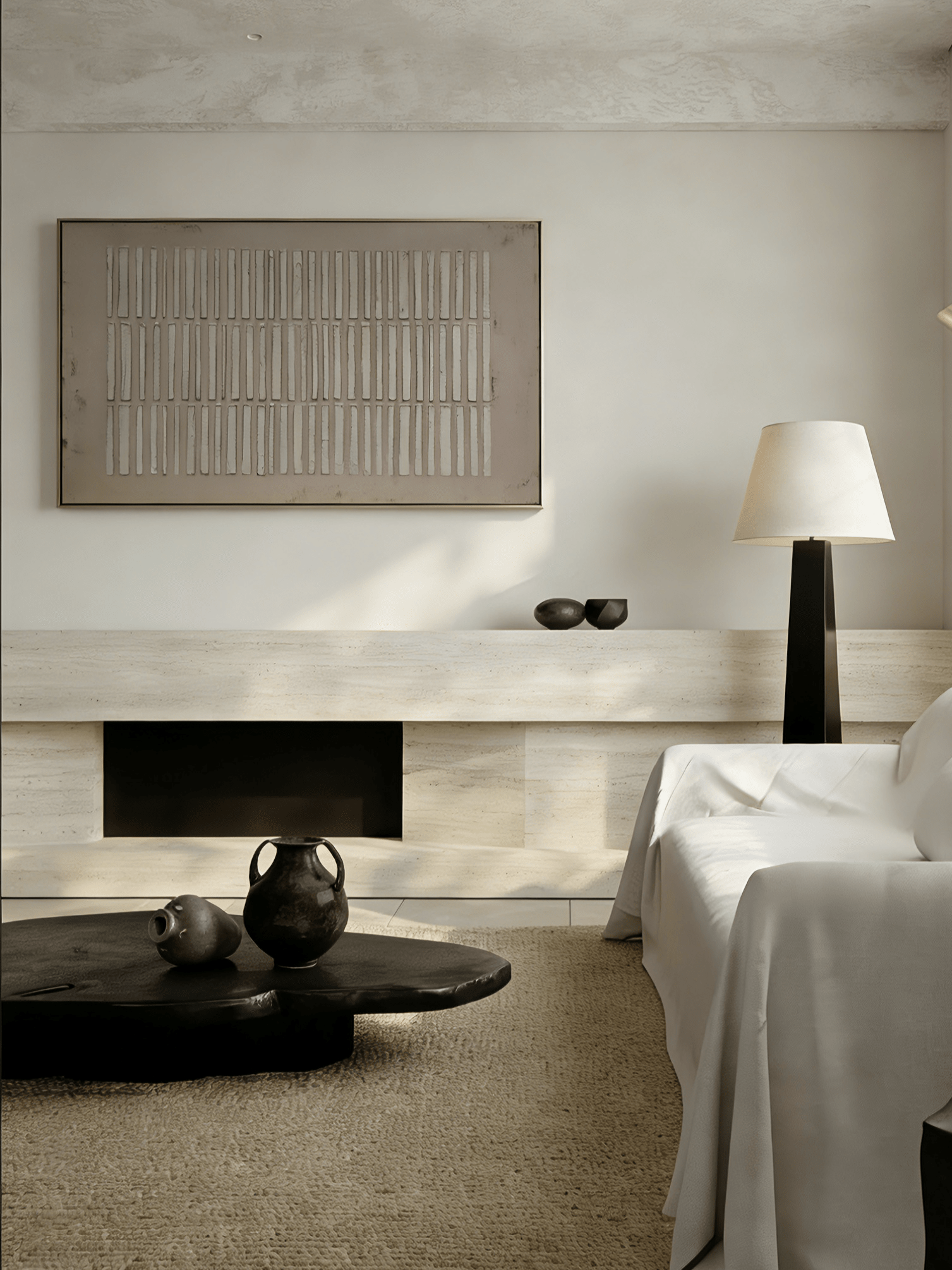 A large horizontal modern 3D relief painting by Eliot Vermeer featuring repeating vertical textured bars in white over a warm taupe background, hung above a minimalist sofa.
