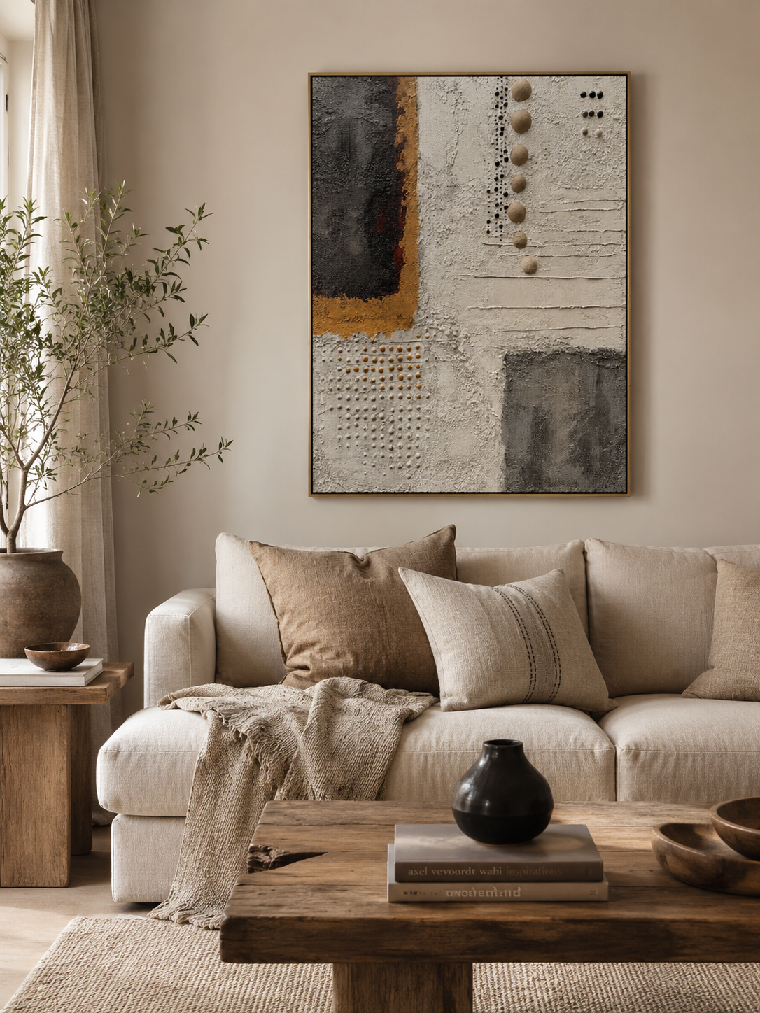 Modern textured abstract wall art with beige, charcoal, and ochre geometric composition