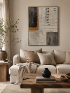 Modern textured abstract wall art with beige, charcoal, and ochre geometric composition