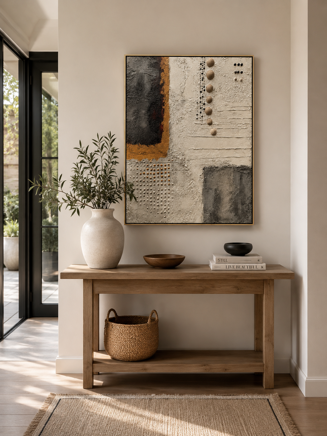 Wabi sabi abstract wall art with raised dots, plaster texture, and charcoal blocks