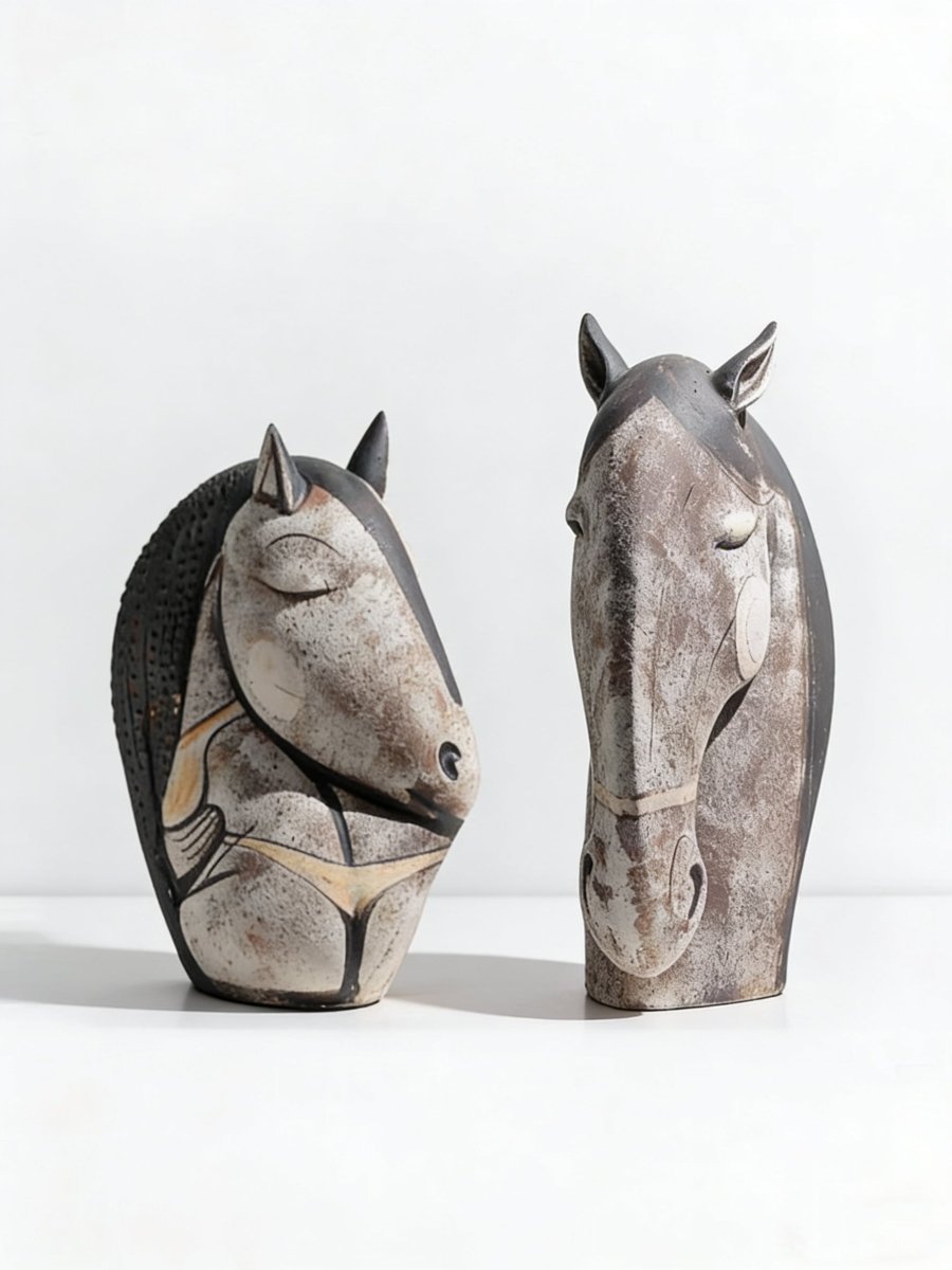 abstract ceramic horse head sculpture, hand-painted primitive animal figurine for modern rustic home decor.