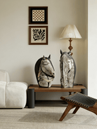 abstract ceramic horse head sculpture, hand-painted primitive animal figurine for modern rustic home decor.