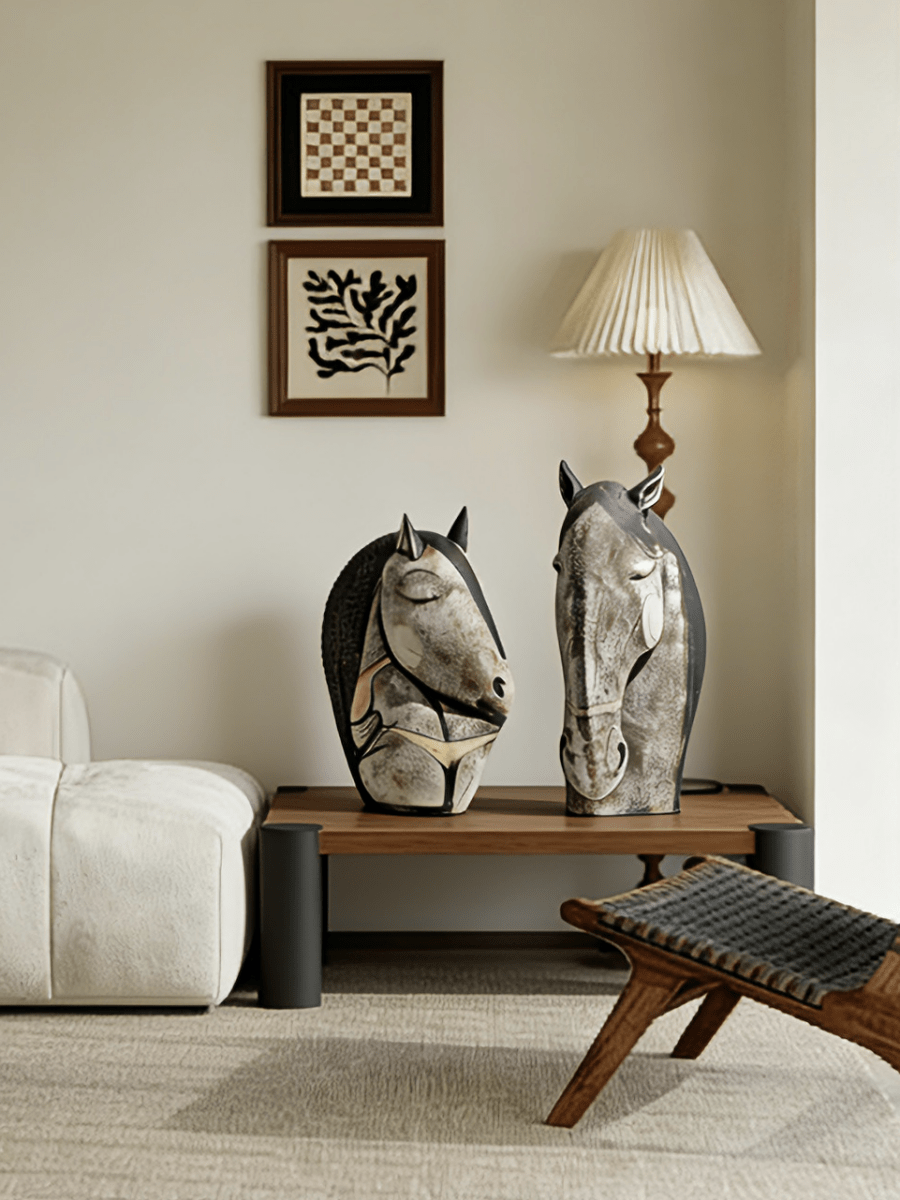 abstract ceramic horse head sculpture, hand-painted primitive animal figurine for modern rustic home decor.