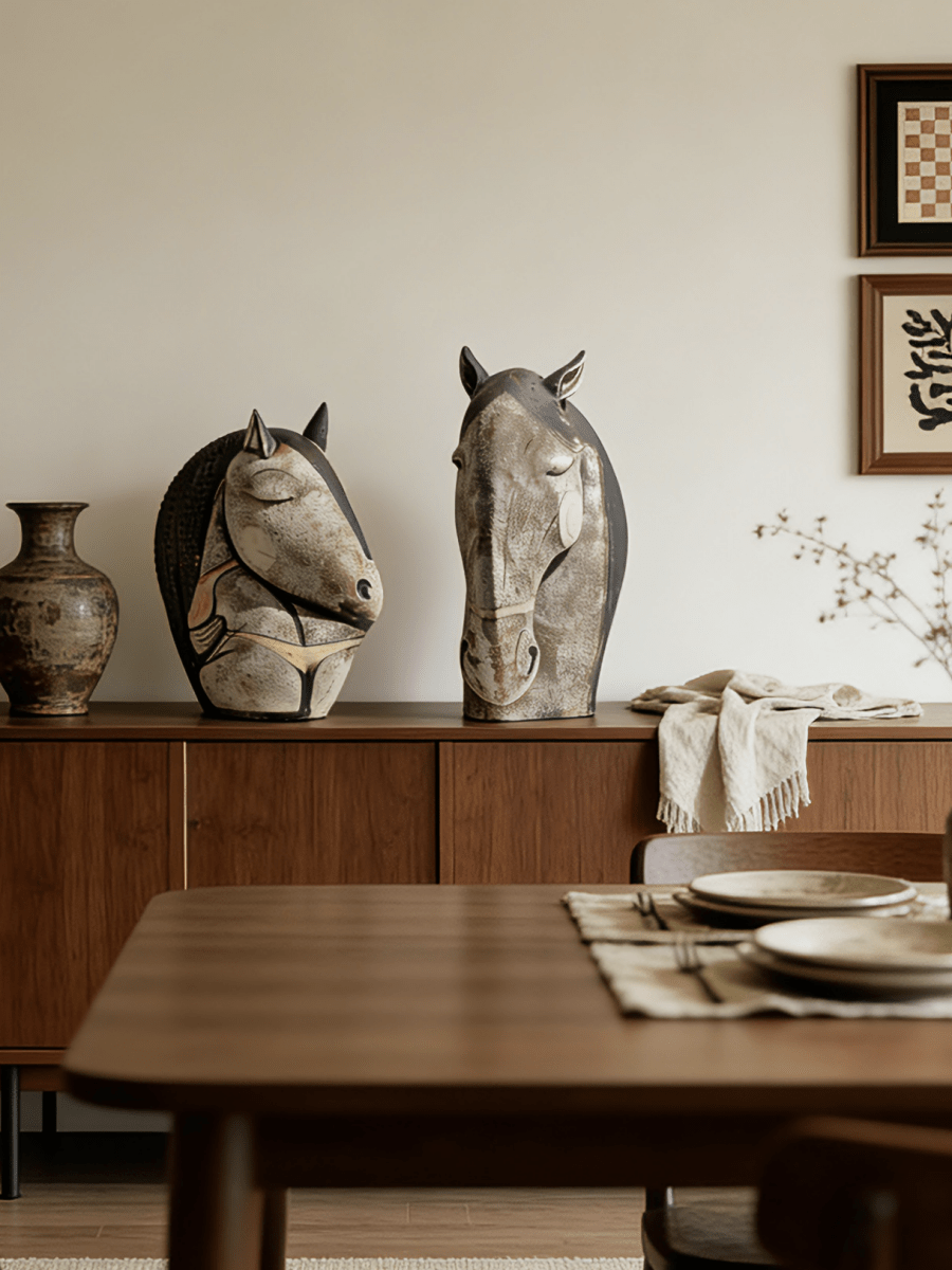 abstract ceramic horse head sculpture, hand-painted primitive animal figurine for modern rustic home decor.