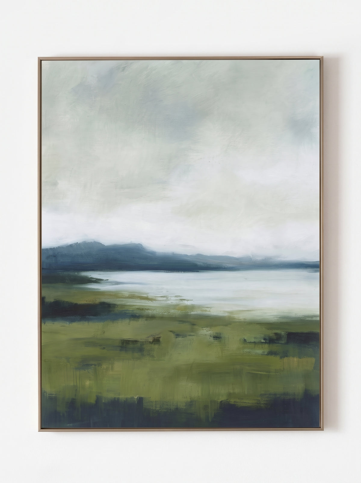 Modern Organic vertical lake meadow landscape hand-painted canvas art by Evelyn Li in floating frame