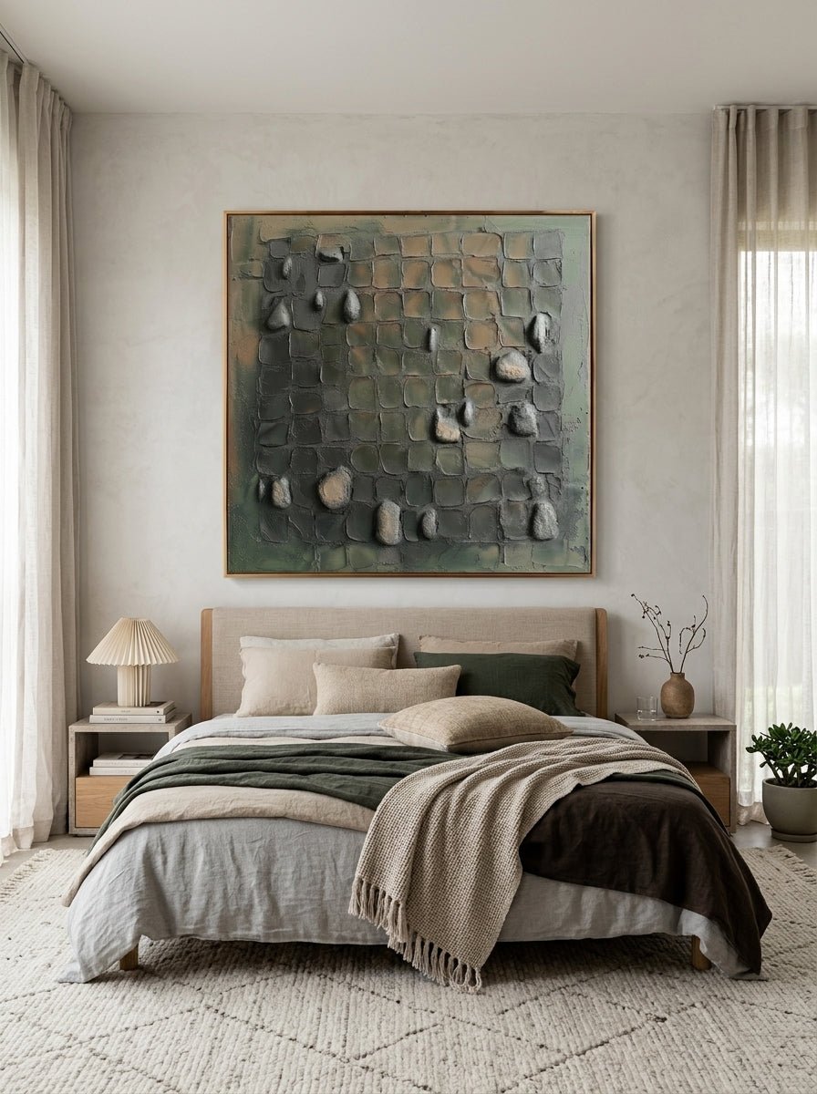 Organic textured stone tile canvas artwork by Eliot Vermeer displayed above bed in zen wabi-sabi bedroom