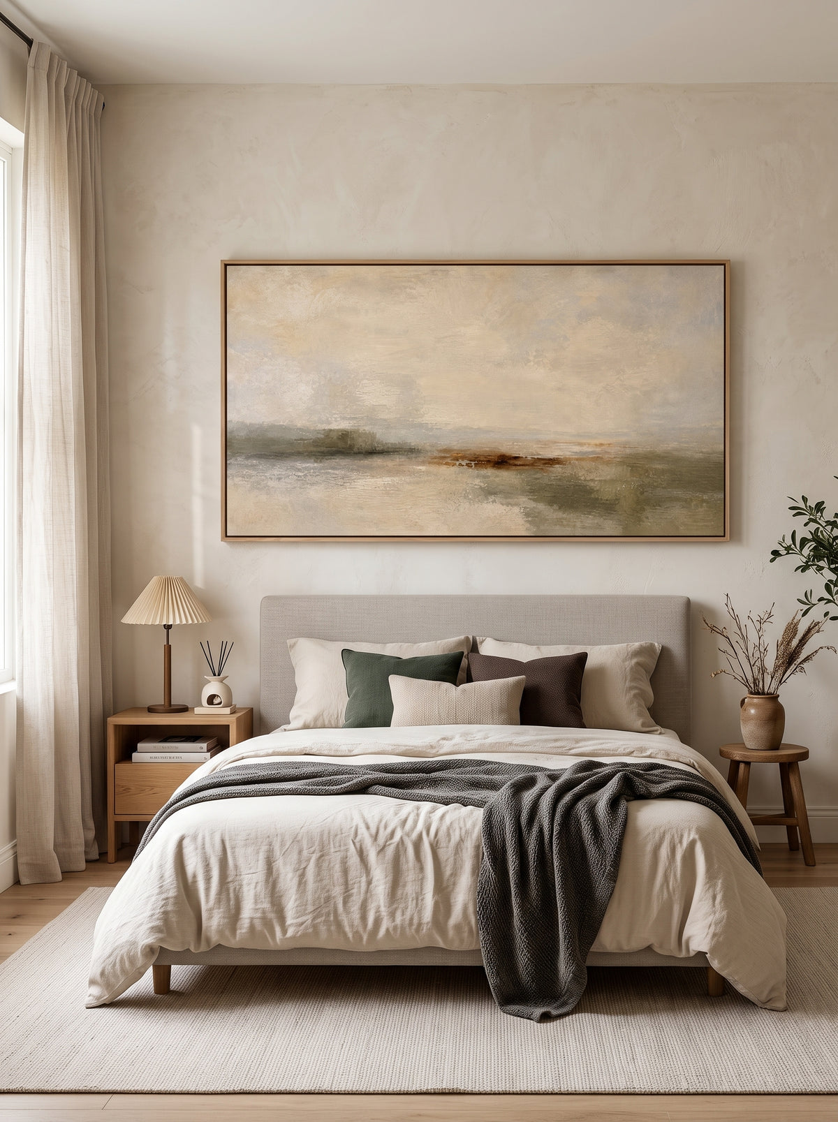 Minimalist beige abstract landscape wall art displayed above a bed in a calm neutral bedroom.