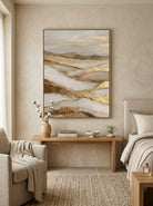 Soothing neutral earth tone textured canvas artwork hanging above a contemporary Japandi bedroom headboard