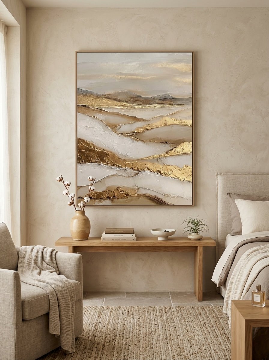 Soothing neutral earth tone textured canvas artwork hanging above a contemporary Japandi bedroom headboard