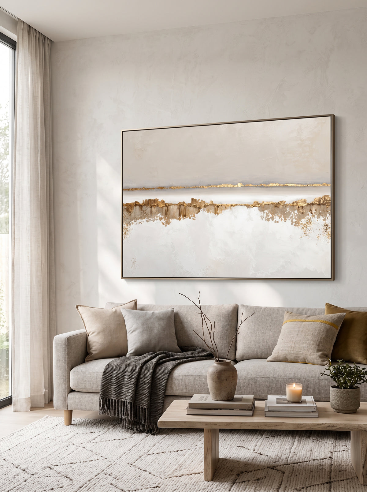 Large horizontal textured cream and gold abstract canvas wall art above modern neutral sofa in living room