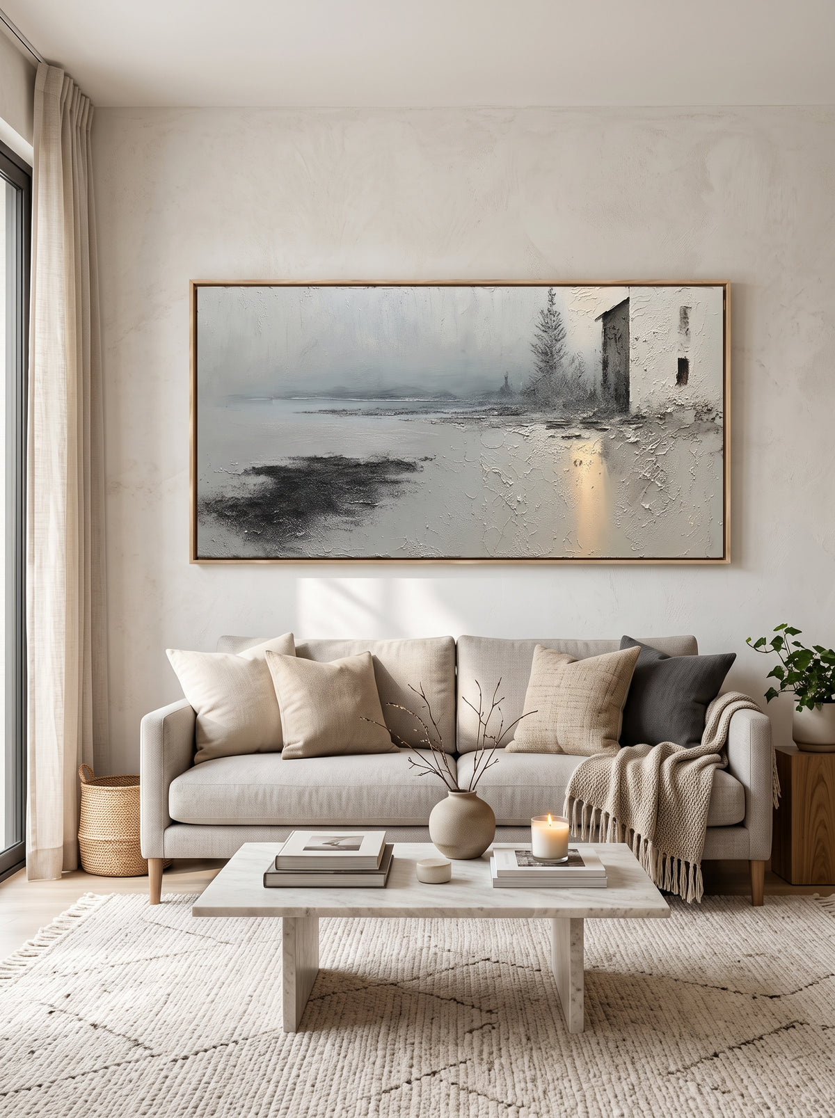 Large panoramic wabi-sabi waterfront landscape canvas wall art above modern sofa in minimalist living room