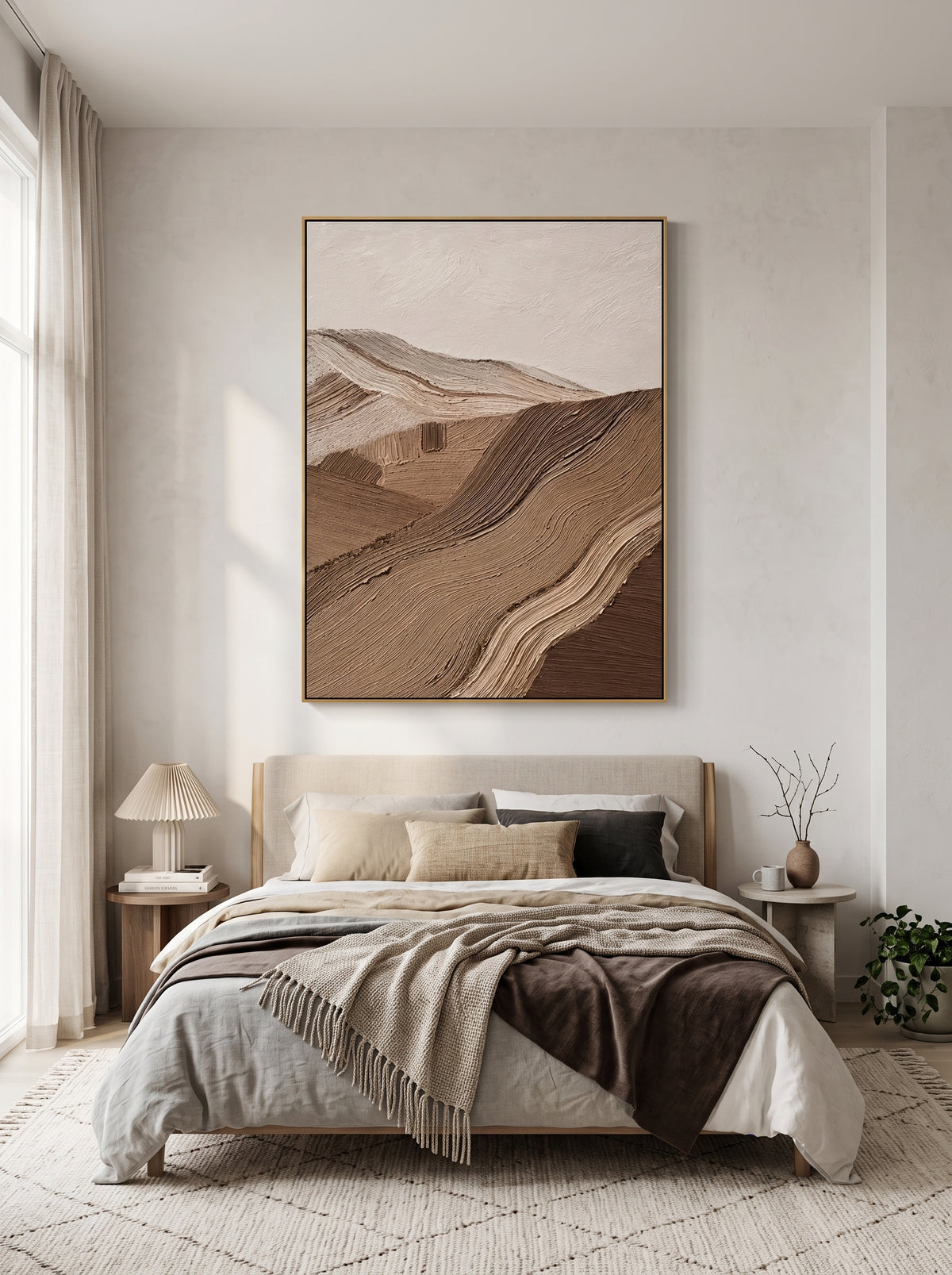 Tactile cream and brown sand dune artwork by Evelyn Li hanging in serene wabi-sabi minimalist bedroom