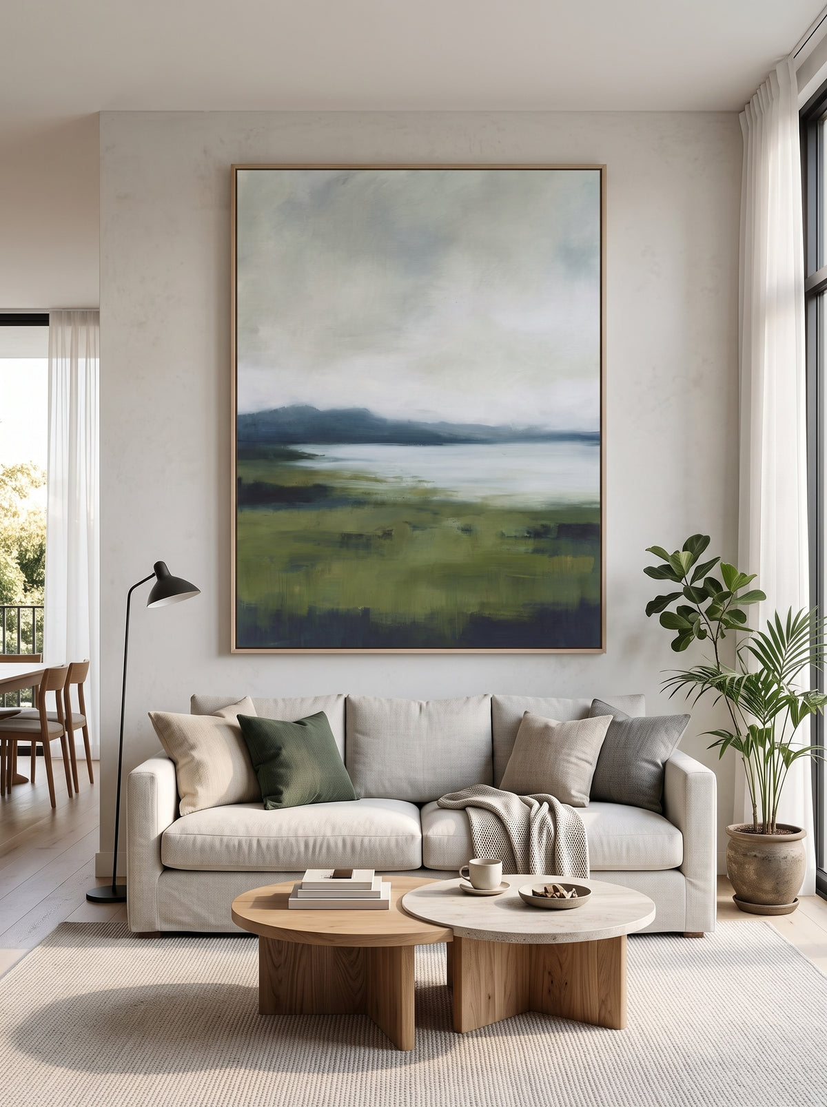 Vertical green landscape canvas painting with lake view mounted above a modern neutral living room sofa