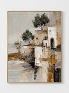 Mediterranean coastal village hand-painted textured canvas art by Evelyn Li in gold floating frame