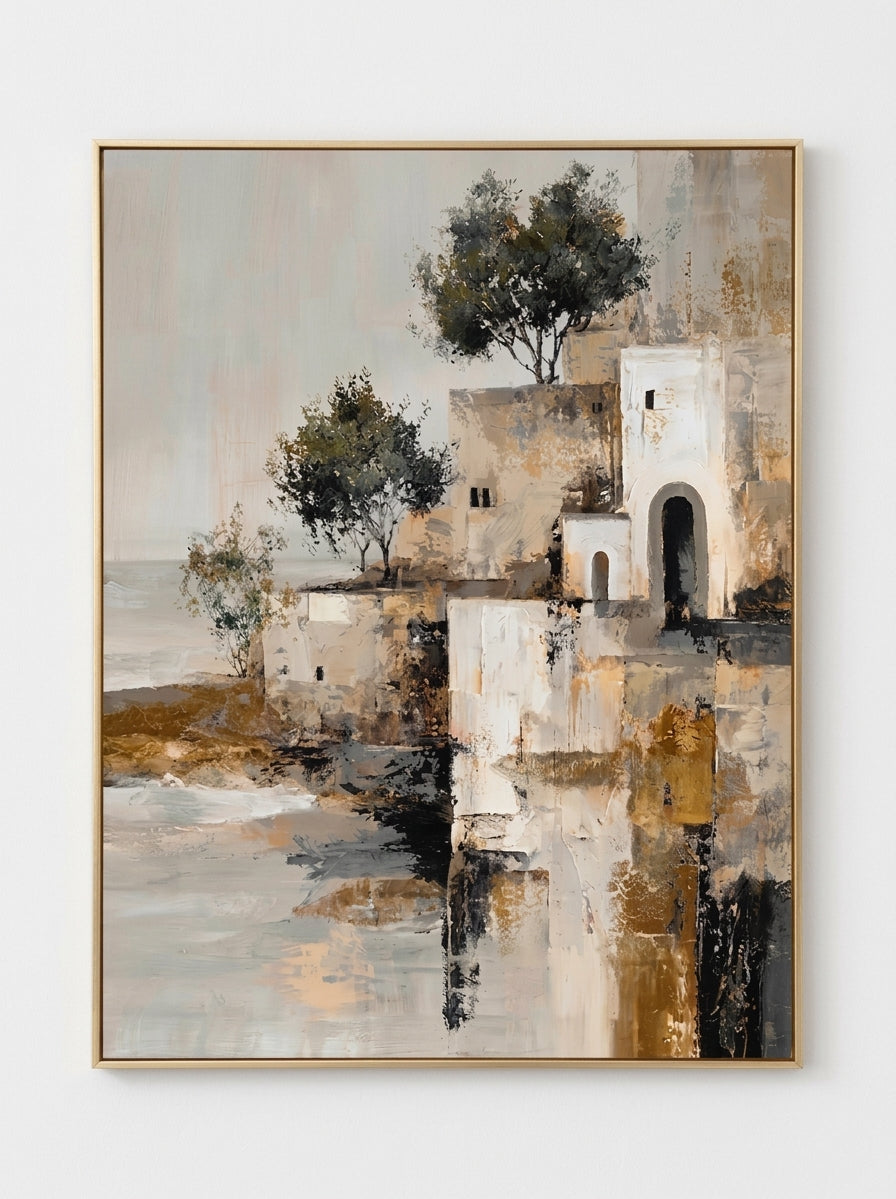 Mediterranean coastal village hand-painted textured canvas art by Evelyn Li in gold floating frame