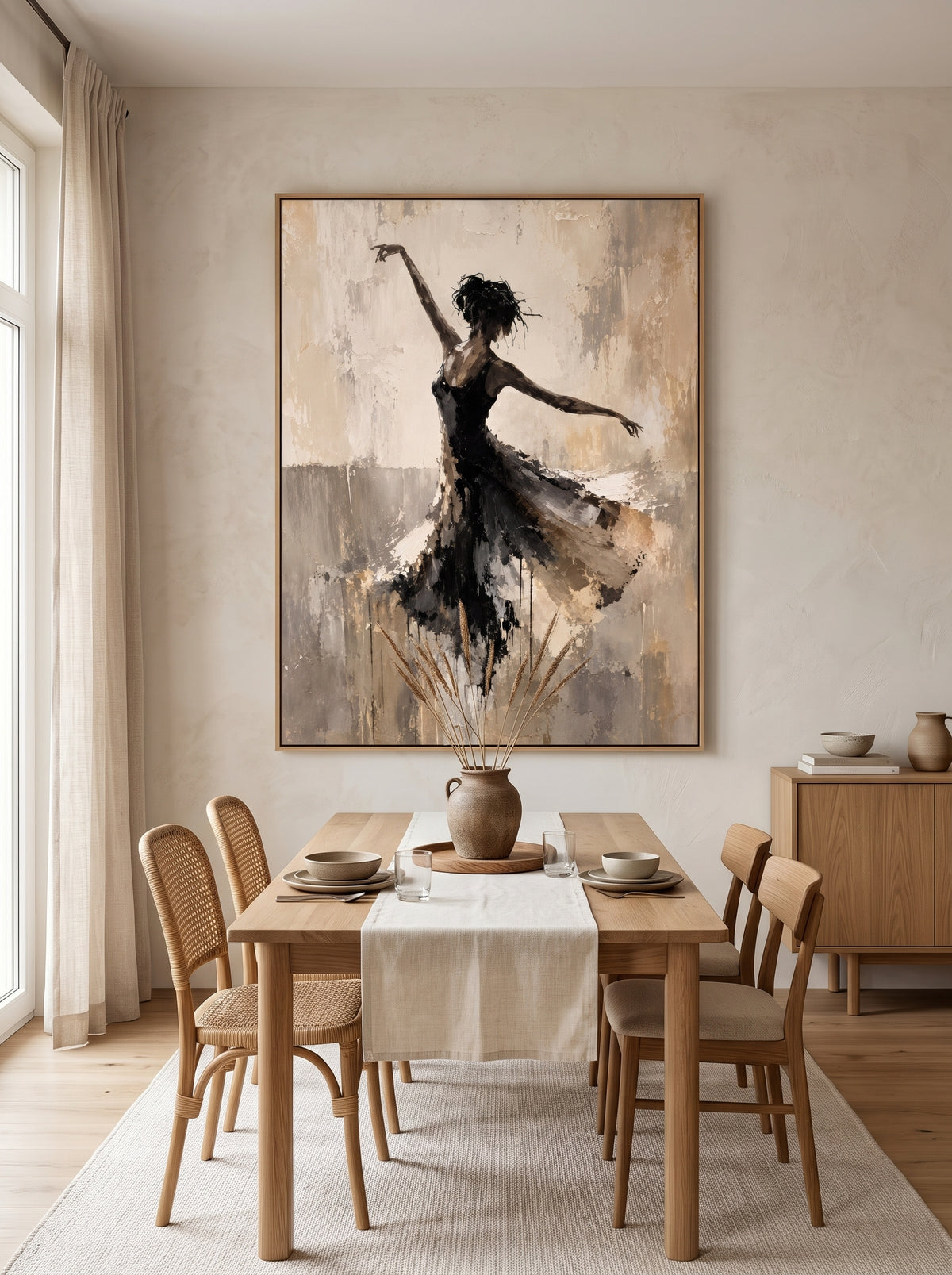 Hand-painted abstract ballet dancer painting displayed in a contemporary open dining room with neutral decor.