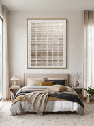 Tactile champagne gold and plaster white geometric wall art by Eliot Vermeer hanging in neutral bedroom