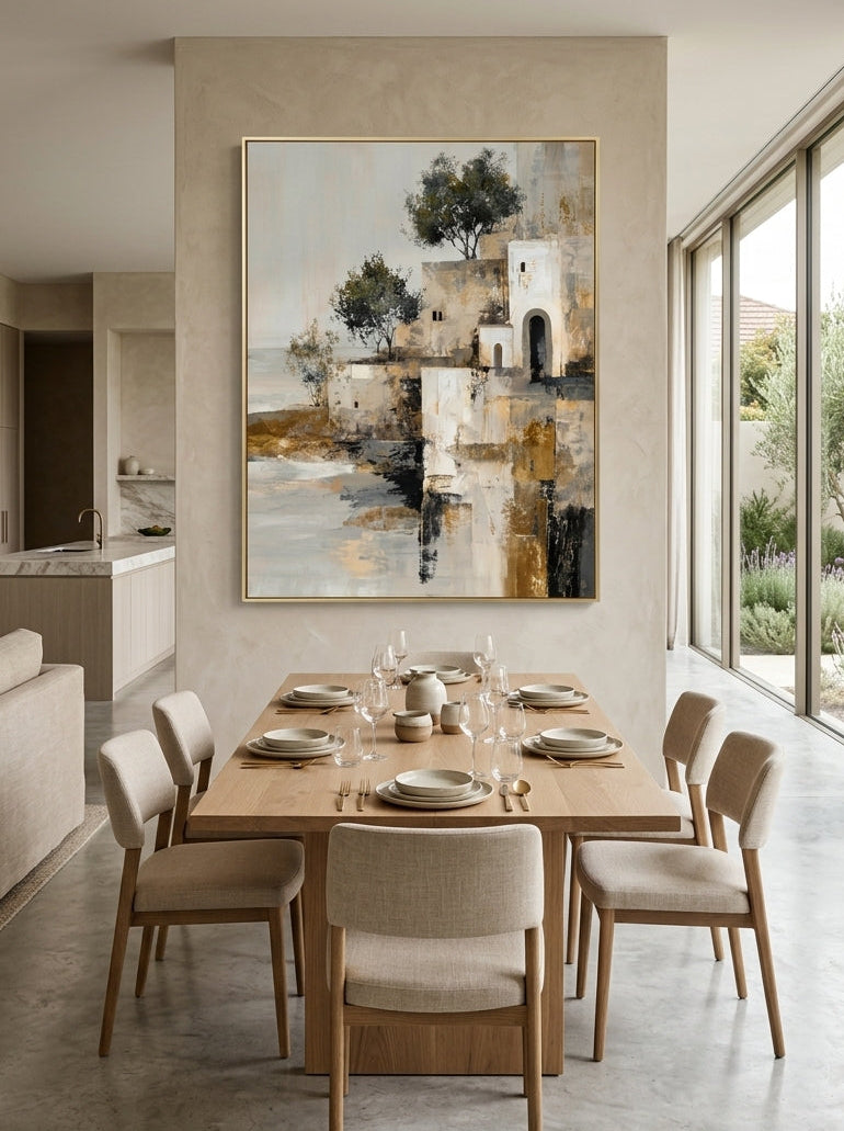 Oversized Mediterranean stone cliffside wall painting featured on an open concept dining area wall