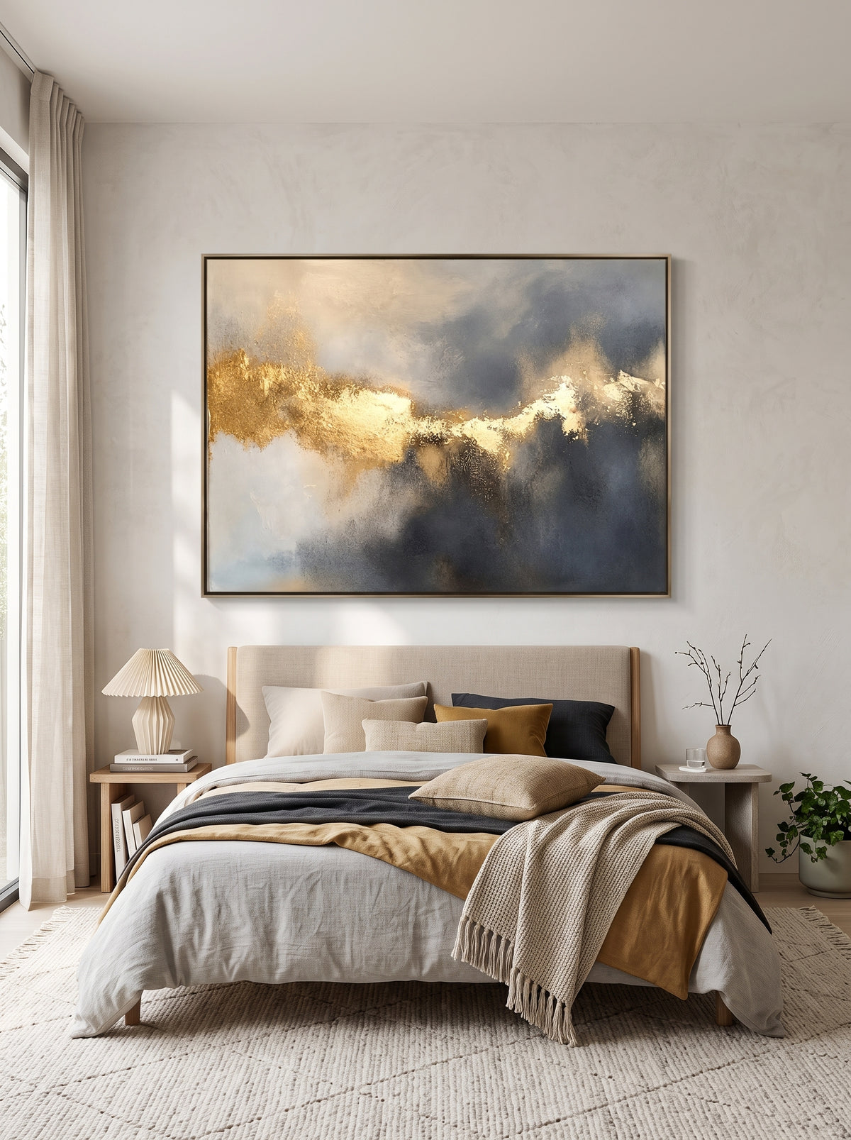 Moody blue and shimmering gold leaf artwork by Evelyn Li hanging above bed in contemporary master bedroom
