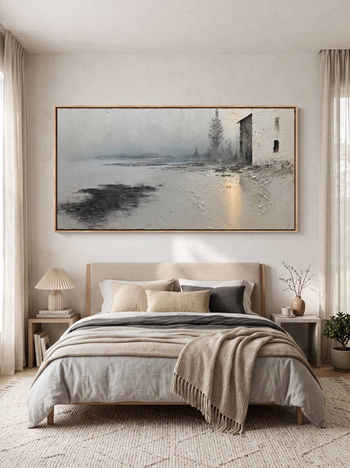 Muted grey and white cottage landscape painting by Evelyn Li hanging above bed in serene neutral bedroom