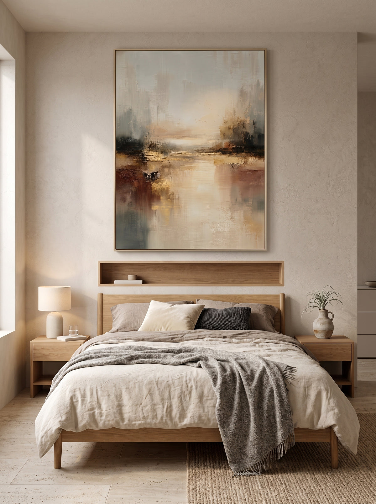 Calming golden mist water reflection canvas artwork hanging above a minimalist Japandi bedroom headboard